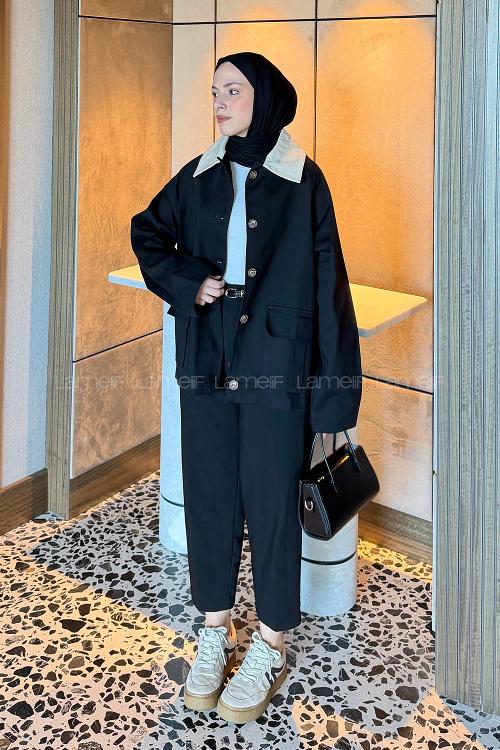 Lamelif Yaka Detaylı Parka Siyah