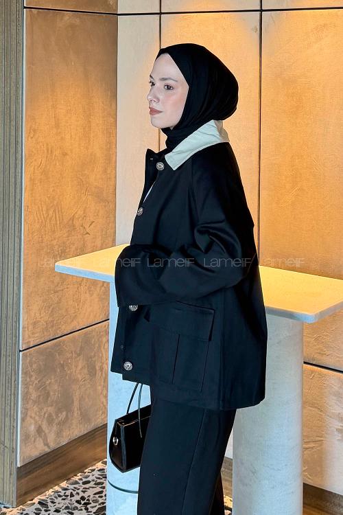 Lamelif Yaka Detaylı Parka Siyah