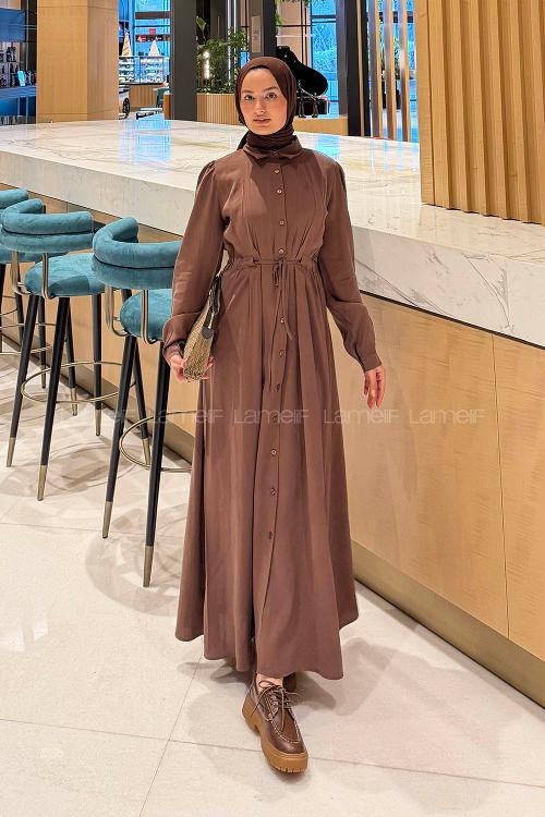 Lamelif Pile Detaylı Elbise Kahve
