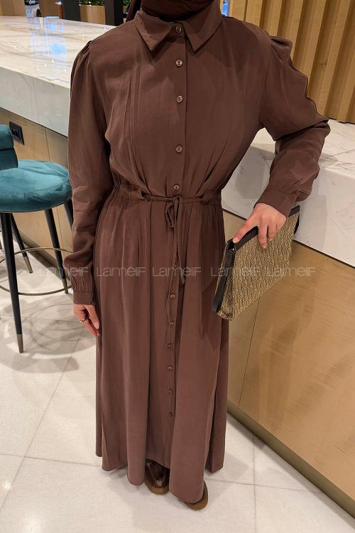 Lamelif Pile Detaylı Elbise Kahve