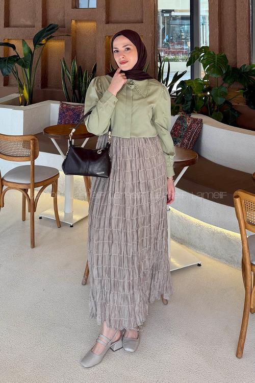 Plum Green Peter Pan Collar Long Arm Viscose Fabric Shirt