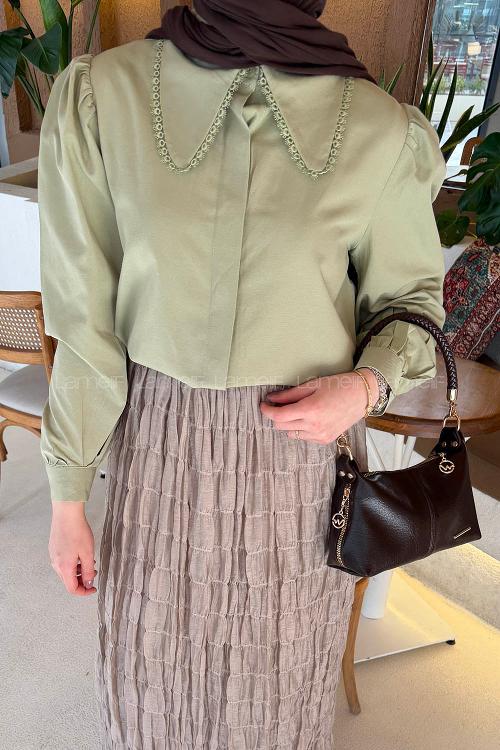 Plum Green Peter Pan Collar Long Arm Viscose Fabric Shirt