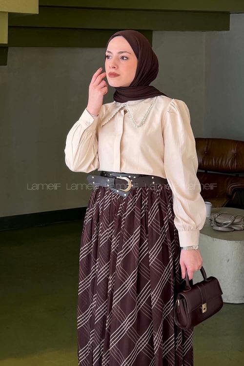 Lamelif Bebe Yaka Dantel Dikişli Gömlek Krem