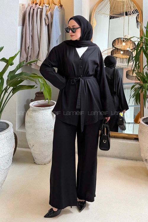 Lamelif Brit Düğmeli Gömlek-Pantolon Takım Siyah