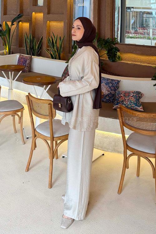 Lamelif Brit Düğmeli Gömlek-Pantolon Takım Taş Rengi