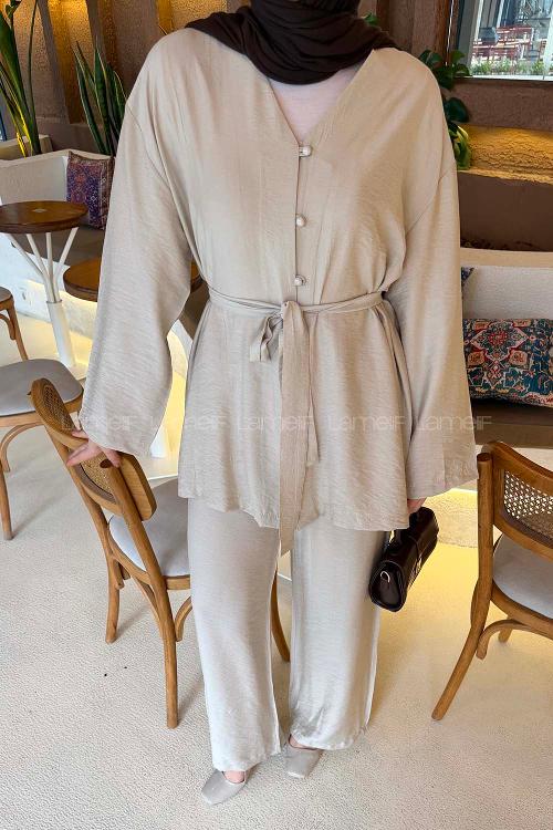 Lamelif Brit Düğmeli Gömlek-Pantolon Takım Taş Rengi