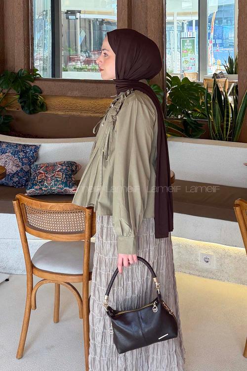 Lamelif Büzgü Detaylı Tesettür Gömlek Haki