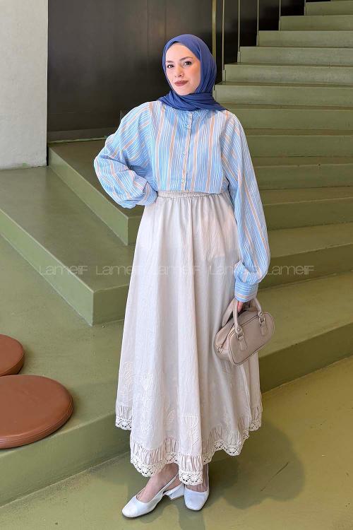 Lamelif Çizgi Detaylı Gömlek Mavi