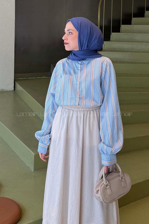 Lamelif Çizgi Detaylı Gömlek Mavi