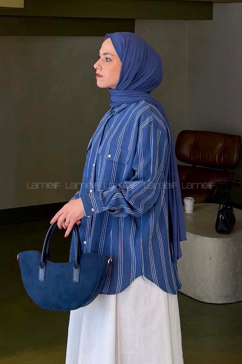 Lamelif Çizgili Cep Detaylı Gömlek İndigo