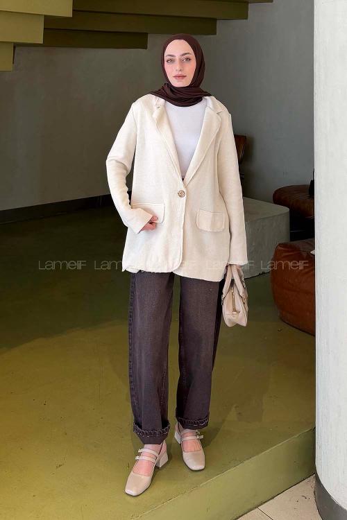 Lamelif Dekoratif Cep Ceket Bej