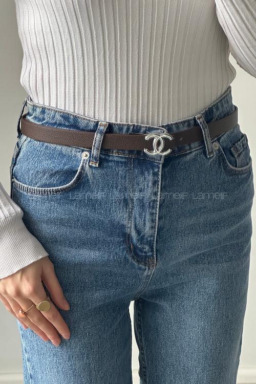 Lamelif Kahve Suni Deri Gümüş CC Tokalı Kemer