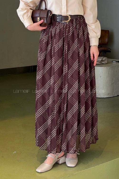 Lamelif Kemerli Şifon Etek Kahverengi