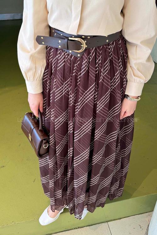 Lamelif Kemerli Şifon Etek Kahverengi