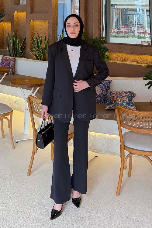 Lamelif Maskülen Kruvaze Ceketli İkili Takım Siyah