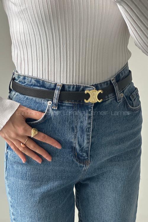 Lamelif Siyah Suni Deri Gold Celin Tokalı Kemer