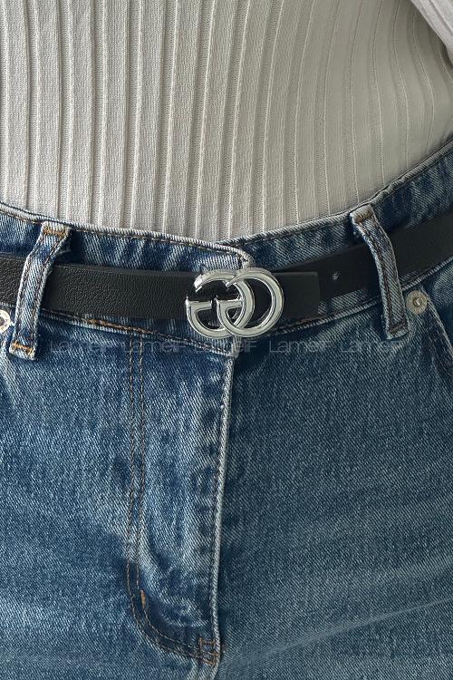 Lamelif Siyah Suni Deri Gümüş GG Tokalı Kemer