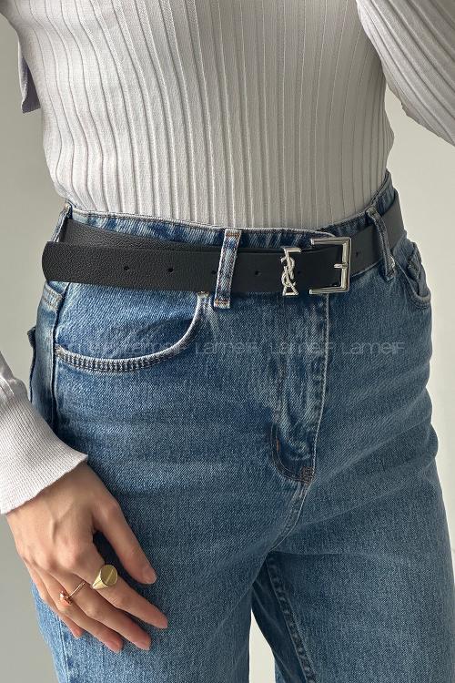 Lamelif Siyah Suni Deri Gümüş Ysl Tokalı Kemer