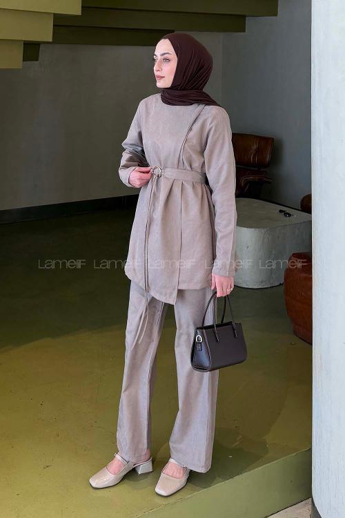 Lamelif Tensel Toka Detaylı Takım Vizonrengi