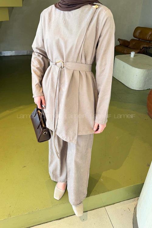 Lamelif Tensel Toka Detaylı Takım Vizonrengi