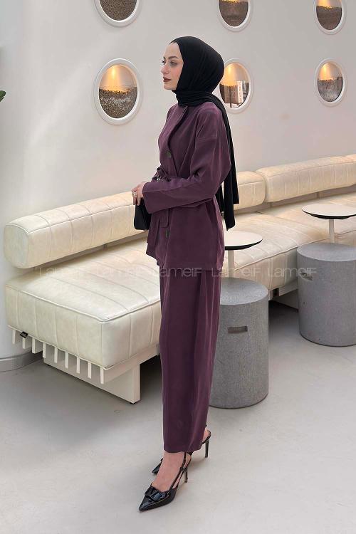 Lamelif Bağlama Detaylı Tensel Takım Mürdüm