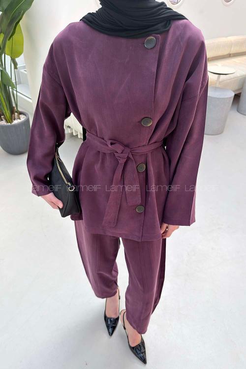 Lamelif Bağlama Detaylı Tensel Takım Mürdüm