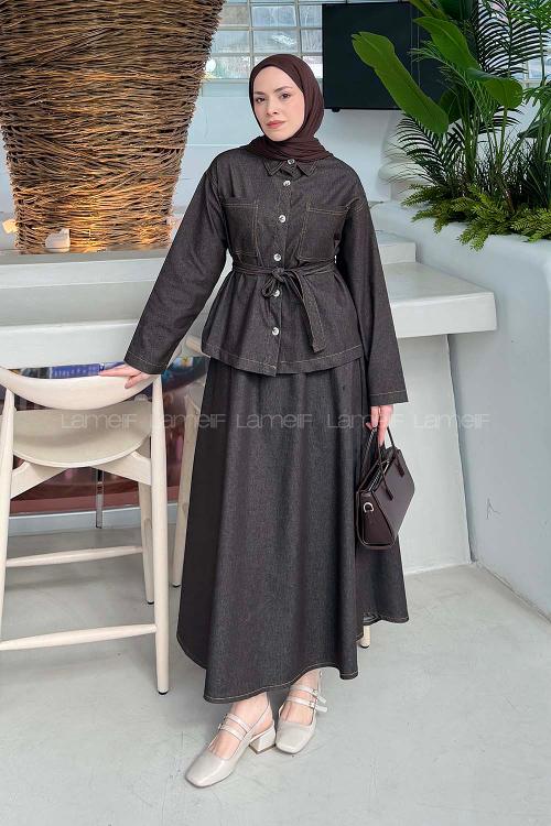 Lamelif Bağlamalı Denim Takım Kahverengi