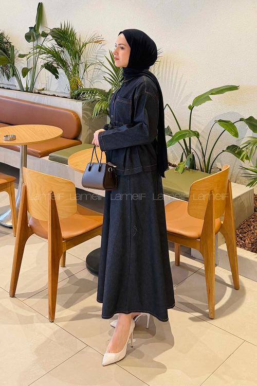 Lamelif Bağlamalı Denim Takım Koyu Mavi