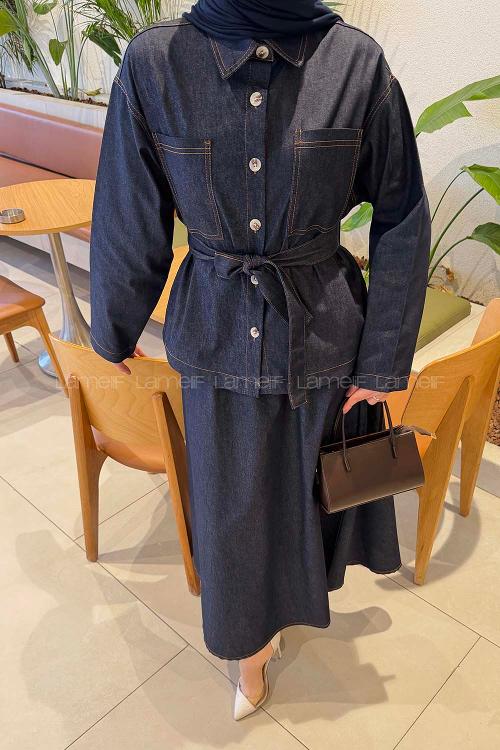 Lamelif Bağlamalı Denim Takım Koyu Mavi