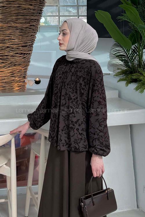 Lamelif Çiçek Baskılı Bluz Acı Kahve