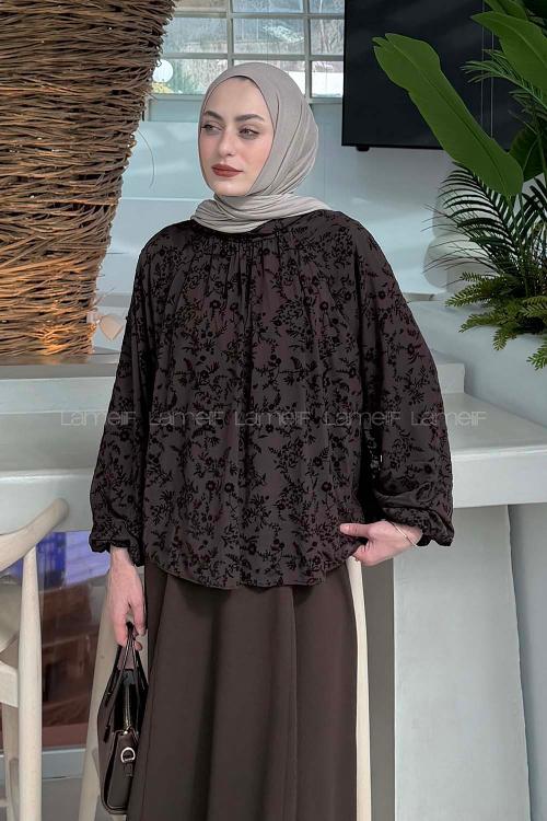 Lamelif Çiçek Baskılı Bluz Acı Kahve