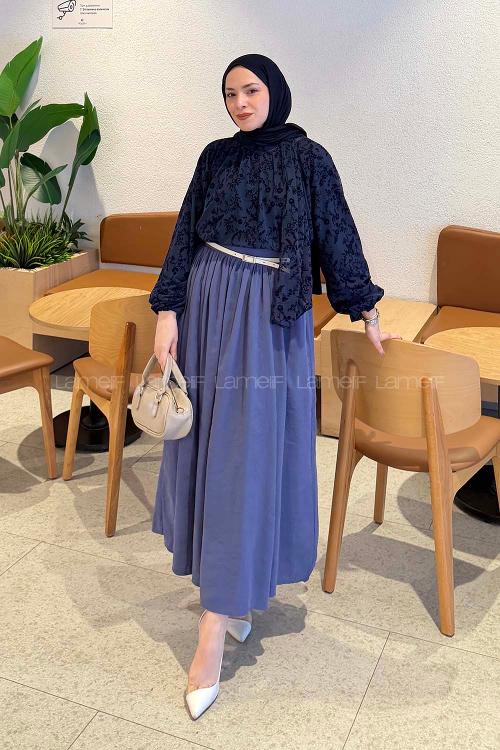 Lamelif Çiçek Baskılı Bluz Lacivert