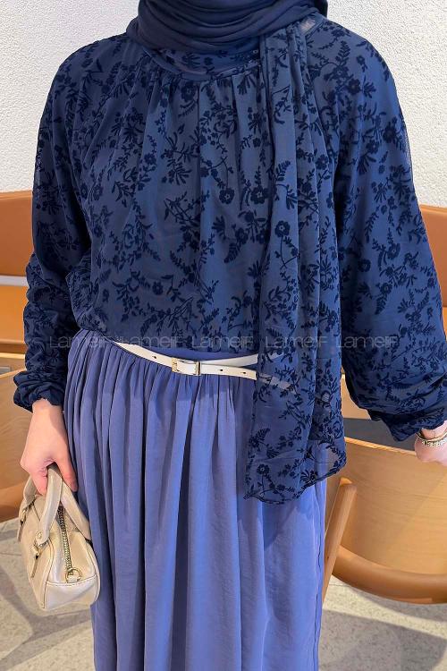 Lamelif Çiçek Baskılı Bluz Lacivert