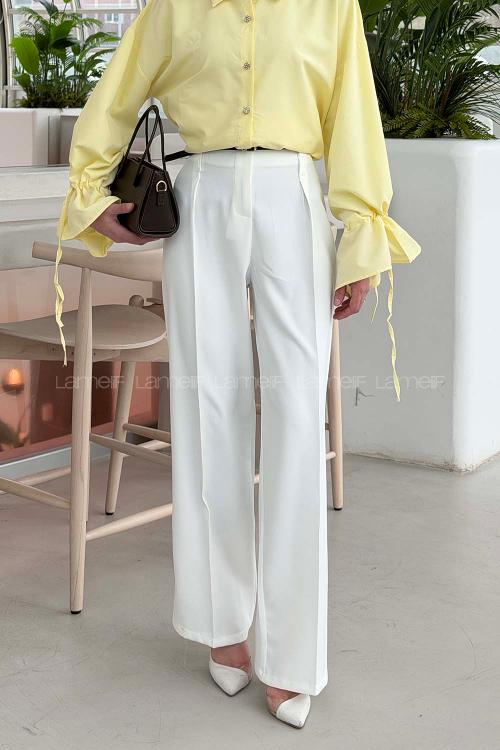 Lamelif Çift Kemer Detaylı Pantolon Beyaz