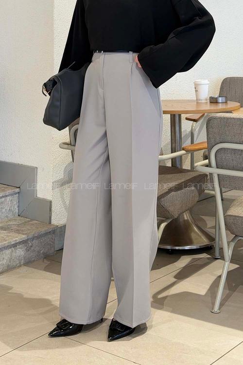 Lamelif Çift Kemer Detaylı Pantolon Gri