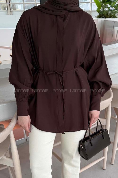 Lamelif Hakim Yaka Bağlamalı Gömlek Kahve