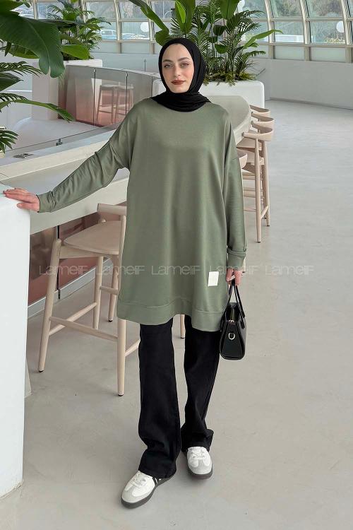 Lamelif İki iplikli Arma Detaylı Sweat Tunik Haki