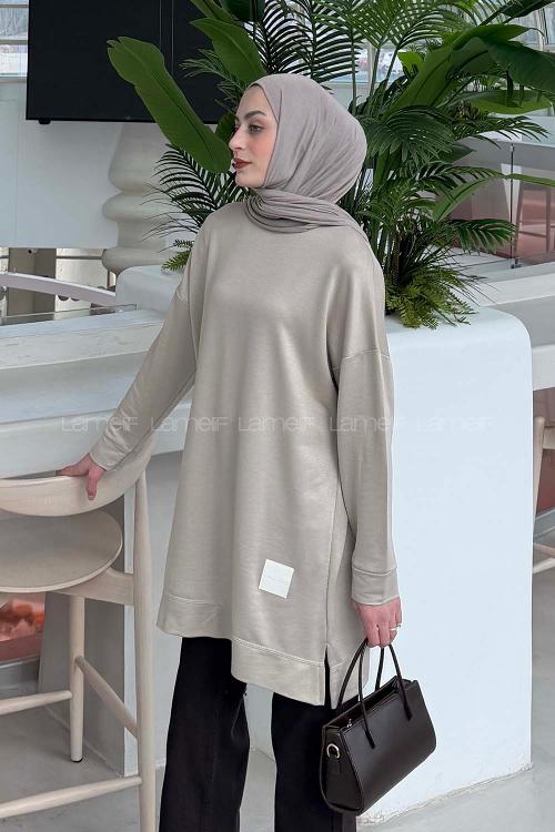 Lamelif İki iplikli Arma Detaylı Sweat Tunik Vizonrengi