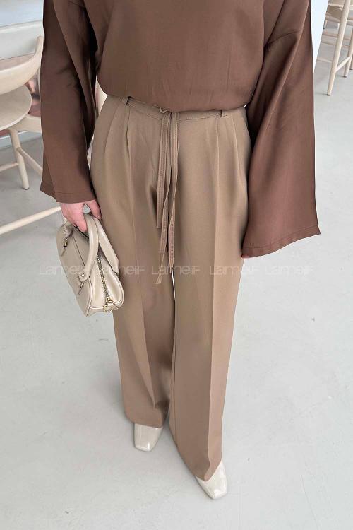 Lamelif İp Detaylı Pantolon Soft Kahve