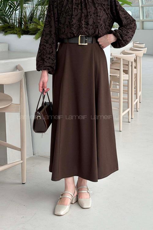 Lamelif Kemerli Midi Boy Etek Acı Kahve