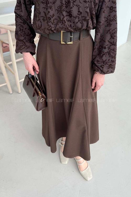 Lamelif Kemerli Midi Boy Etek Acı Kahve