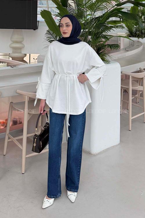 Lamelif Kol Biyeli Sweat Beyaz