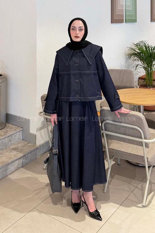 Lamelif Pelerinli Denim Takım Koyu Mavi