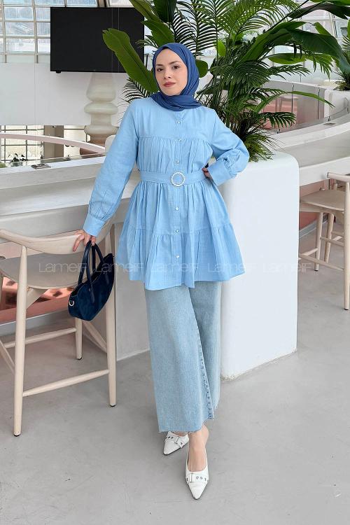 Lamelif Taşlı Düğme Detaylı Gömlek Bebe Mavisi