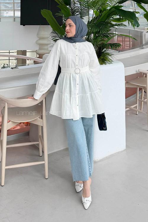 Lamelif Taşlı Düğme Detaylı Gömlek Beyaz