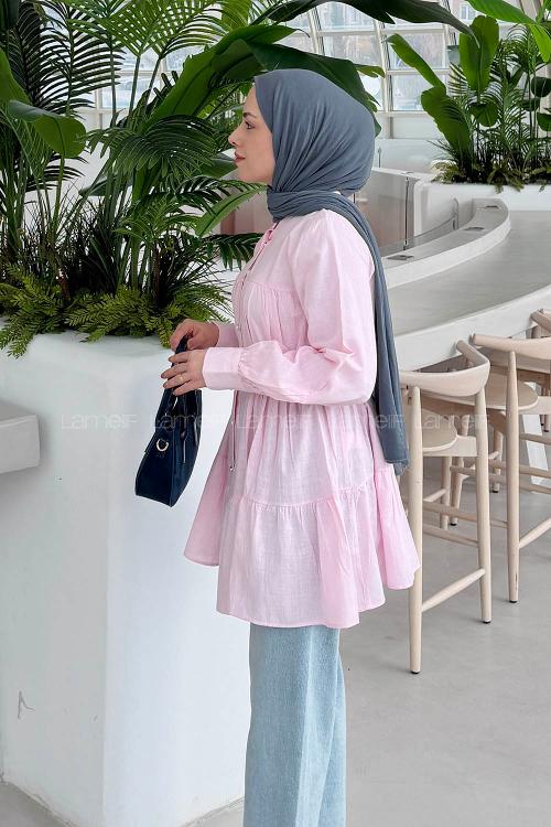 Pink Mandarin Collar Long Arm Cotton Fabric Shirt