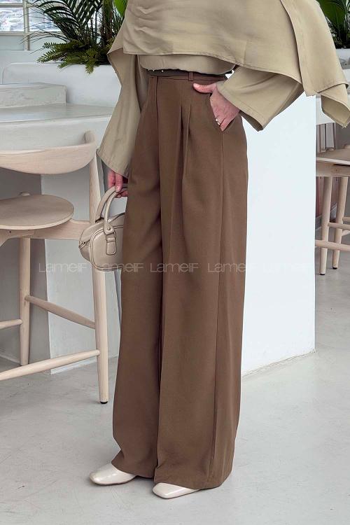 Lamelif Yüksek Bel Palazzo Pantolon Sütlü Kahve