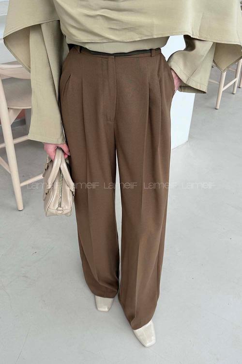Lamelif Yüksek Bel Palazzo Pantolon Sütlü Kahve