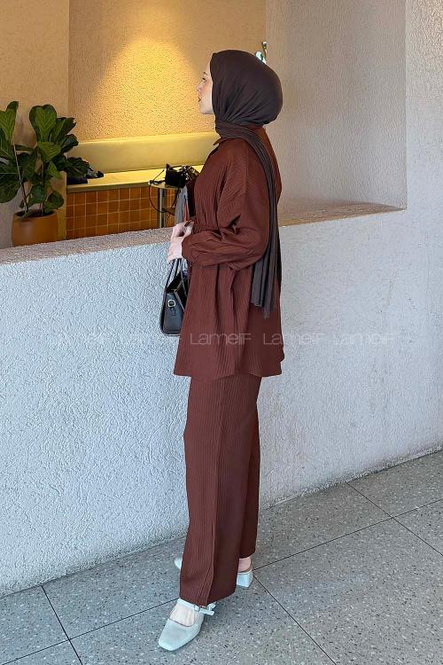 Lamelif Bağlamalı Takım Kahverengi