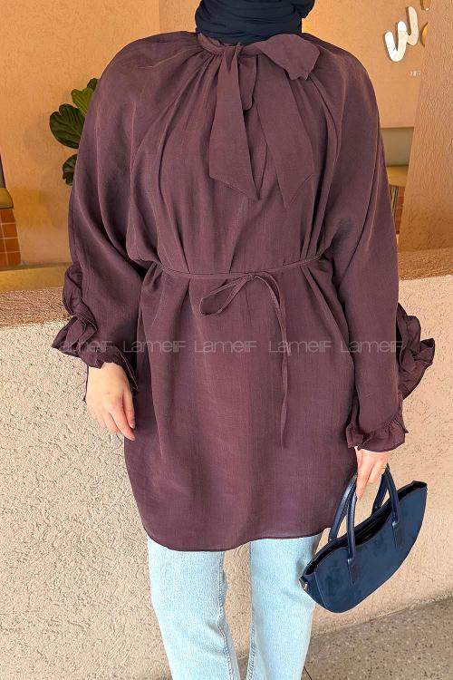 Lamelif Fular Yaka Bağlamalı Tunik Mürdüm